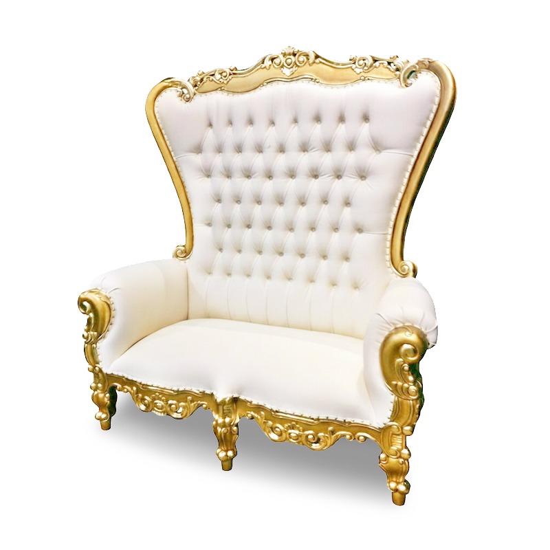 Gold Throne Chair Double, throne chair Dallas, TX, luxury event seating, royal furniture Dallas, TX, wedding throne chair, opulent seating solutions, event decor Dallas, TX, premium furniture Dallas, TX, Vidales Mobiliario thrones